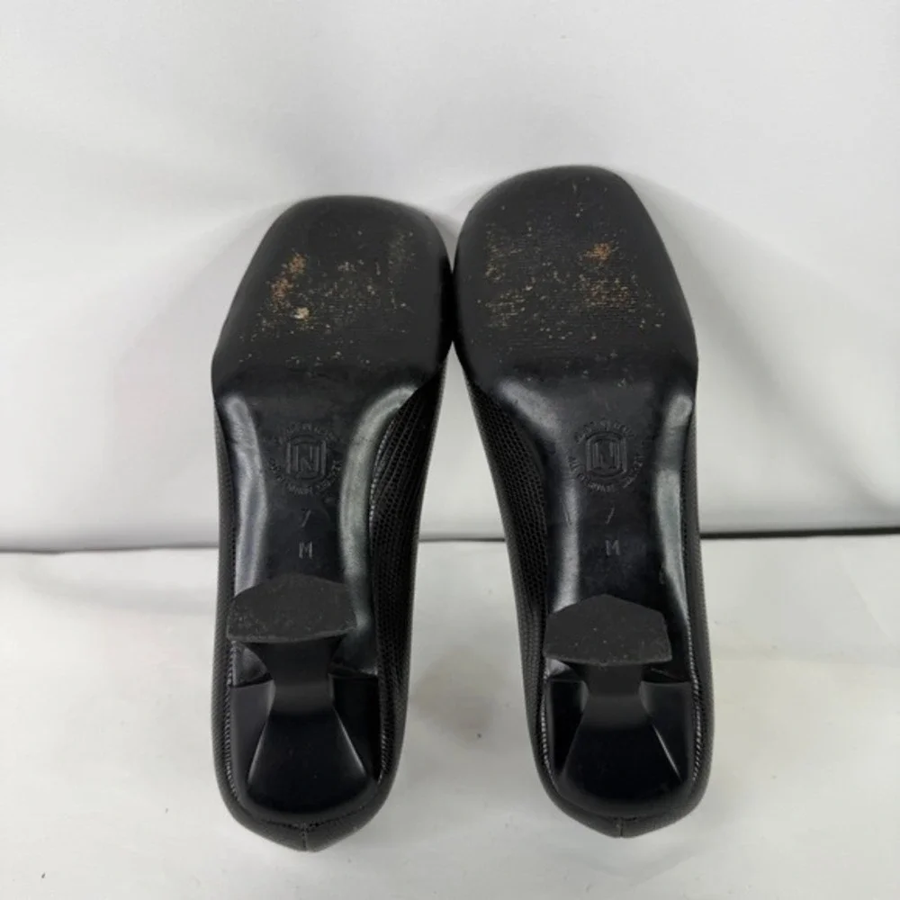 Classiques‎ Entier Black Lizard Embossed Leather Pumps Flared Heel Italy 7M